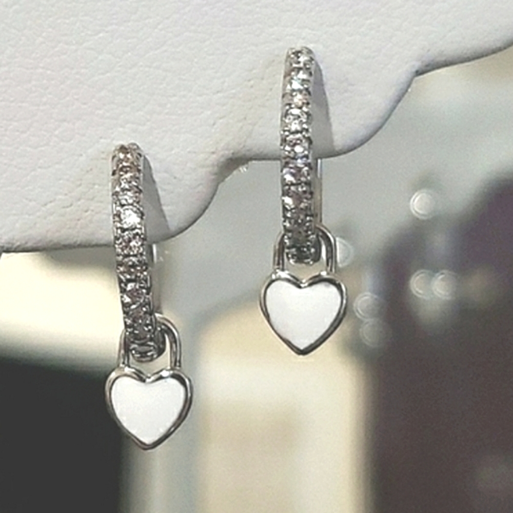 925 STERLING SILVER CRYSTAL DIAMOND CZ WHITE ENAMEL HEART DANGLE HUGGIE HOOPS